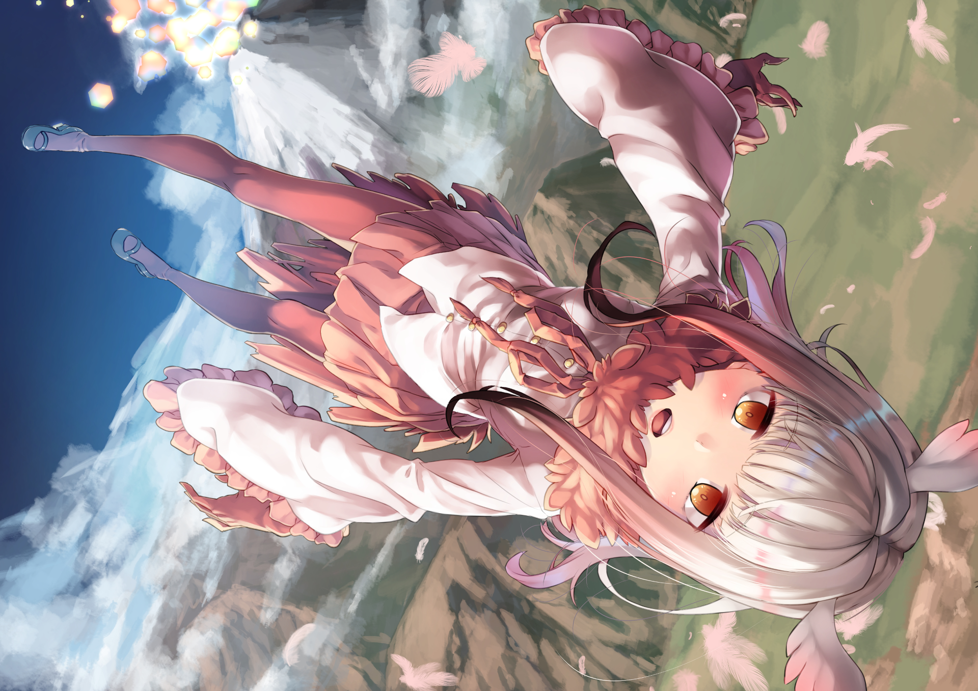 HD anime desktop wallpaper featuring Crested Ibis from Kemono Friends soaring above clouds with vibrant colors and dynamic pose.