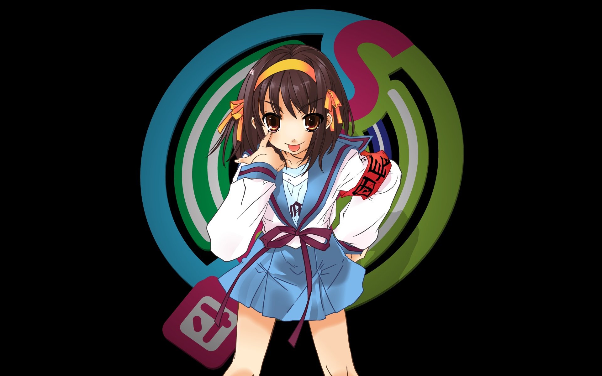 A vibrant HD wallpaper featuring Haruhi Suzumiya in her school uniform, showcasing her playful demeanor against a colorful background, inspired by The Melancholy of Haruhi Suzumiya.