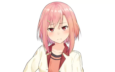 HD desktop wallpaper featuring Yoshino Koharu from the anime Sakura Quest. She has pink hair, a neutral expression, and is wearing a white jacket over a red shirt against a white background.