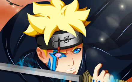 HD desktop wallpaper featuring Boruto Uzumaki with the Jōgan activated, from the anime Boruto. Boruto is shown wielding a sword with a determined expression and a dark background.