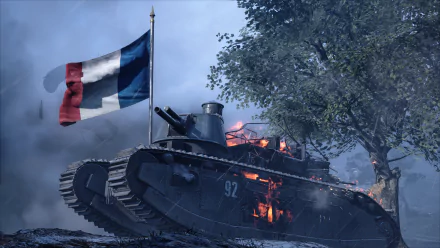 HD PC desktop wallpaper from Battlefield 1 featuring a French tank with the French flag flying amidst a smoky, intense battlefield scene.