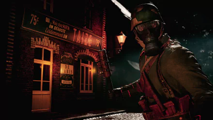 HD desktop wallpaper from Battlefield 1 featuring a soldier in a gas mask at night outside a dimly lit building.