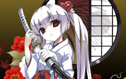 Tsukiyo Inaba from Armed Girl's Machiavellism, holding a katana with red flowers and a shoji window in the background. HD anime PC wallpaper.