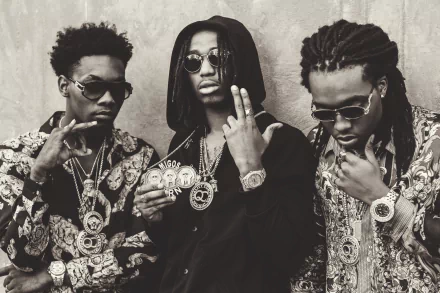 HD desktop wallpaper featuring three members of Migos posing confidently in matching patterned outfits.