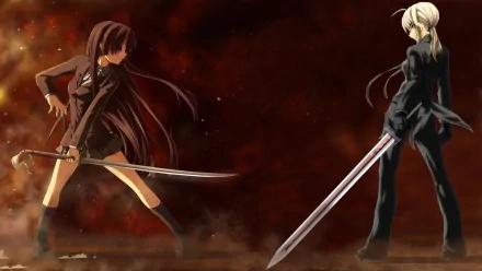 HD desktop wallpaper featuring a crossover between Saber from Fate/Stay Night and Mio Akiyama from K-ON!, both wielding swords in a dramatic face-off with a dark, smoky background.