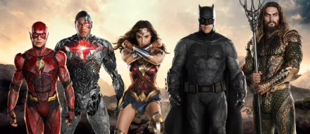 The HD desktop wallpaper features DC Comics' Justice League characters, including Cyborg, Wonder Woman, Batman, and Aquaman, portrayed by actors from the movie.