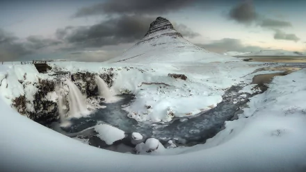 Kirkjufoss mountain Iceland waterfall river snow nature Kirkjufell HD Desktop Wallpaper | Background Image