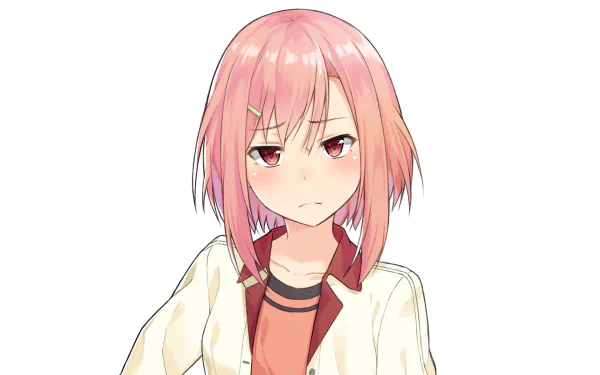 HD desktop wallpaper featuring Yoshino Koharu from the anime Sakura Quest. She has pink hair, a neutral expression, and is wearing a white jacket over a red shirt against a white background.