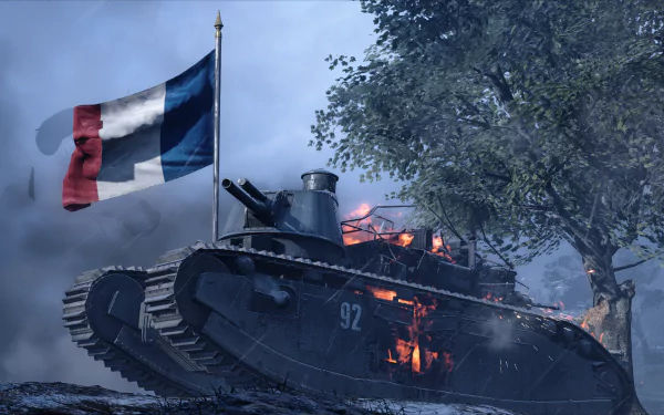 HD PC desktop wallpaper from Battlefield 1 featuring a French tank with the French flag flying amidst a smoky, intense battlefield scene.