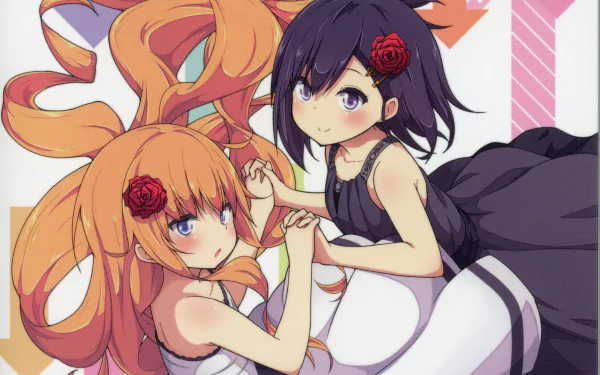 Vignette Tsukinose April and Gabriel Tenma White from Gabriel DropOut — anime 5K Ultra HD PC wallpaper: two girls in black dresses with red roses, holding hands.