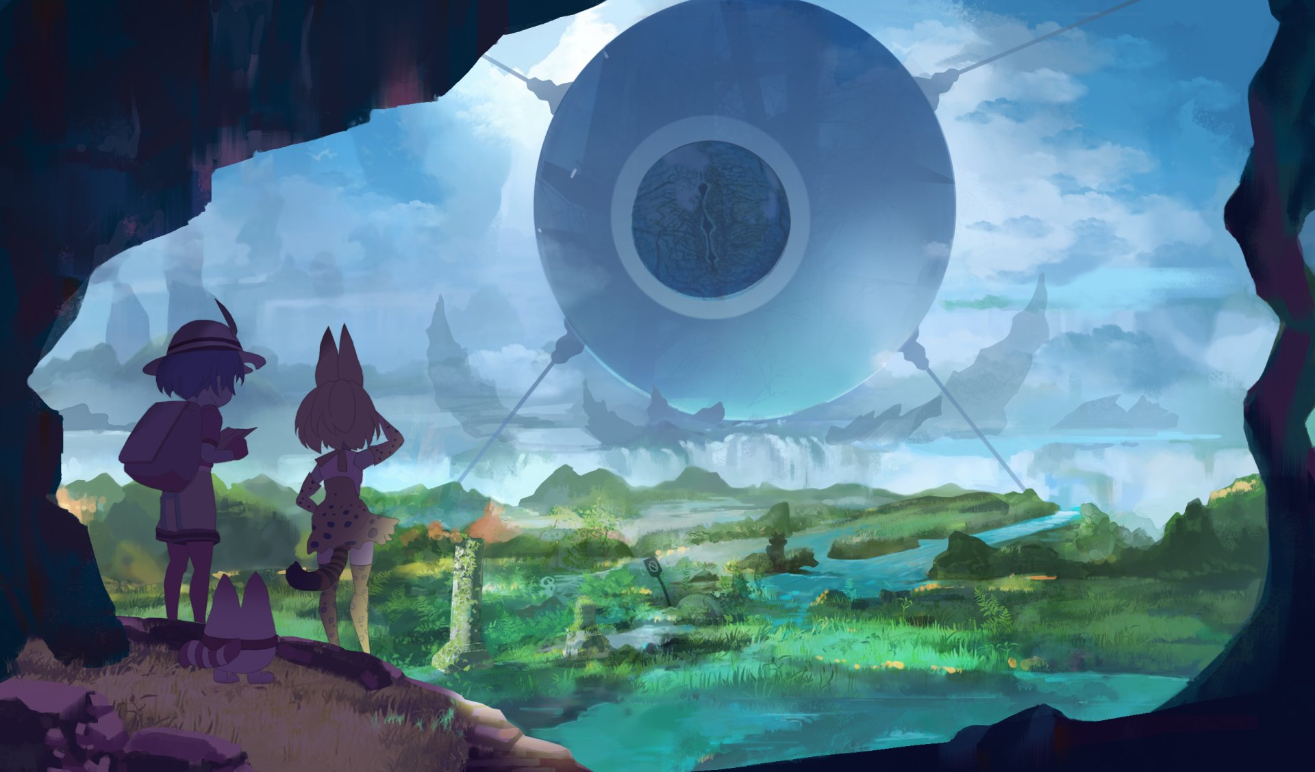 HD anime desktop wallpaper featuring Lucky Beast, Serval, and Kaban from Kemono Friends overlooking a vast, vibrant landscape under a large, mysterious floating eye.