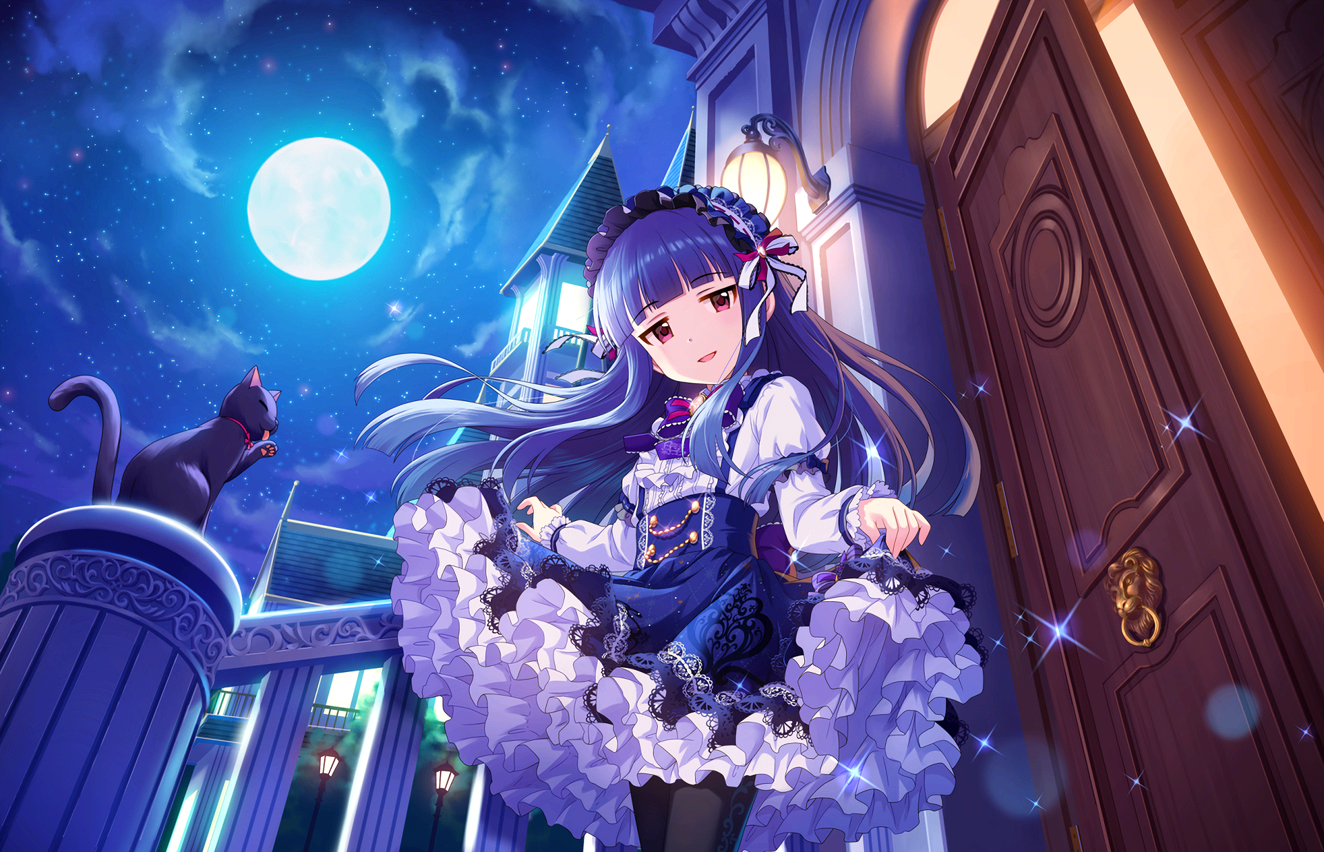 HD PC desktop wallpaper featuring Yukimi Sajo from THE iDOLM@STER: Cinderella Girls Starlight Stage, depicted in anime style under a bright full moon with a black cat nearby.