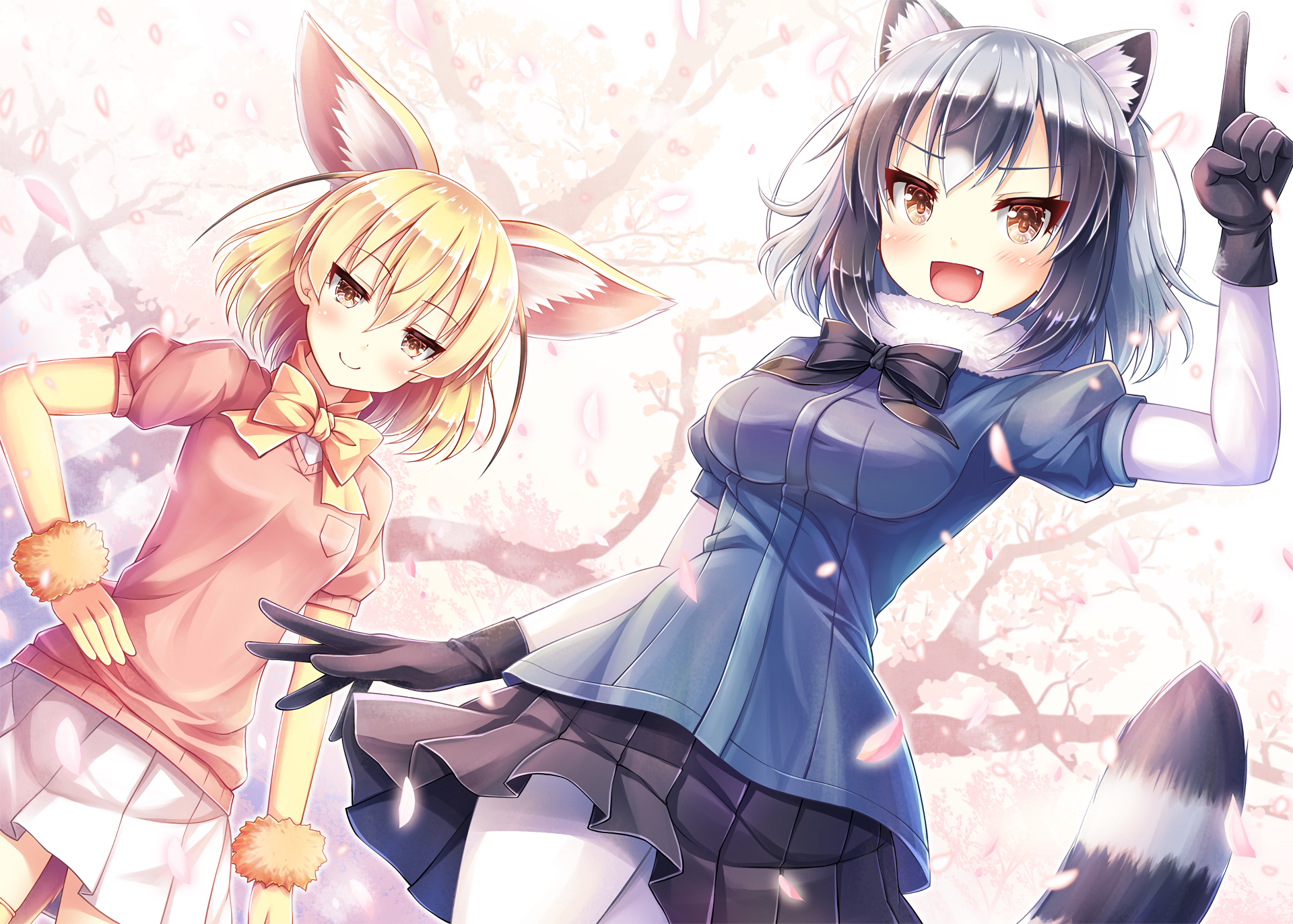 Anime-style HD desktop wallpaper featuring Raccoon and Fennec characters from Kemono Friends against a backdrop of cherry blossoms.