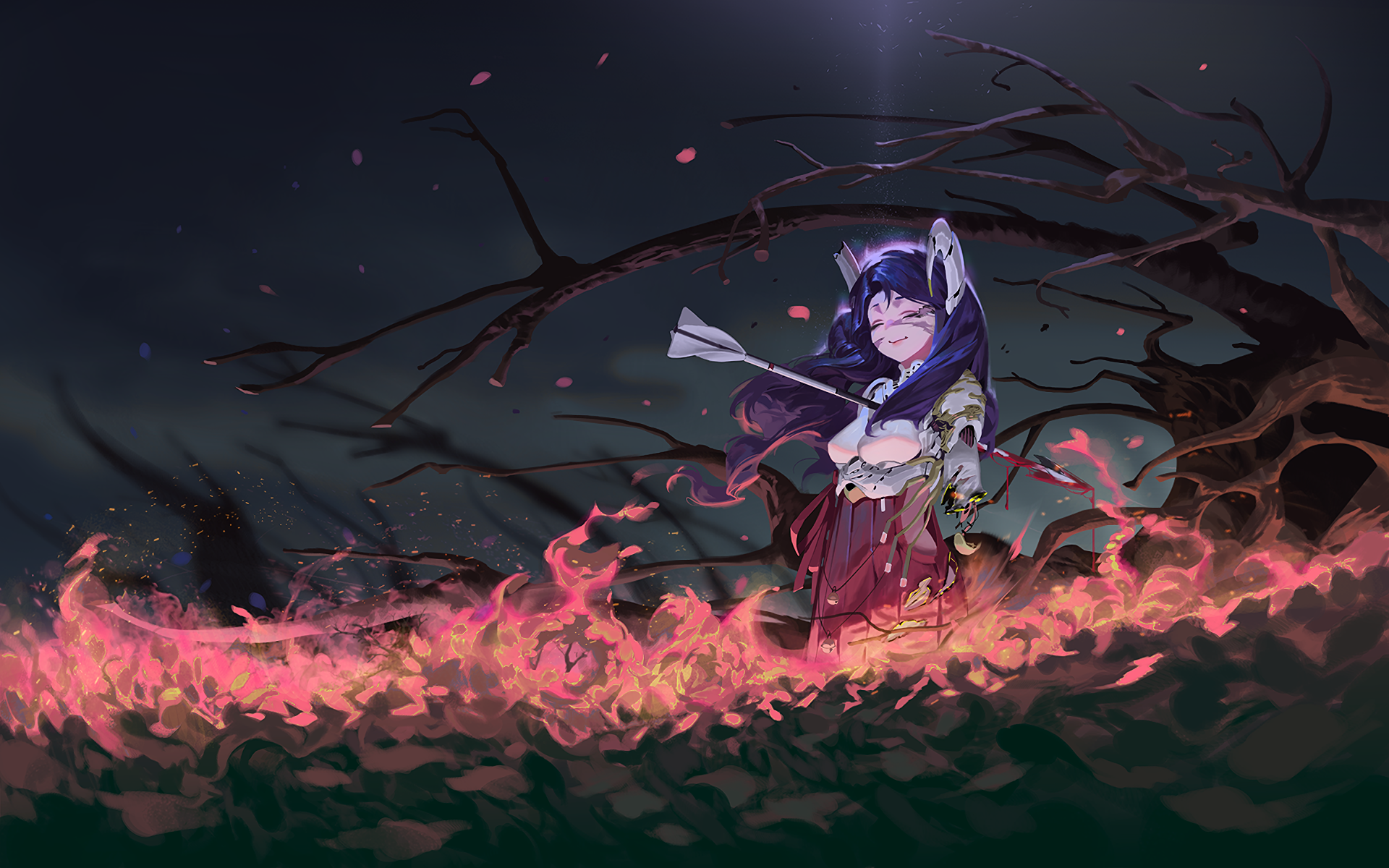HD anime original wallpaper featuring a character with long dark hair and fox ears standing amid glowing pink flames under a dark, eerie sky with barren tree branches.