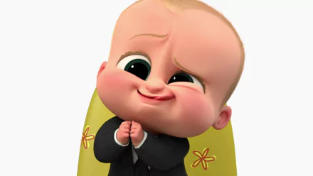 HD desktop wallpaper of Boss Baby character Theodore Templeton from the movie The Boss Baby, smiling with hands clasped and seated against a yellow background with star patterns.