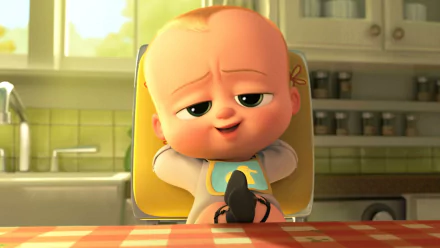 HD desktop wallpaper featuring Theodore Templeton, the Boss Baby, from the movie The Boss Baby, sitting confidently in a high chair with a smirking expression.