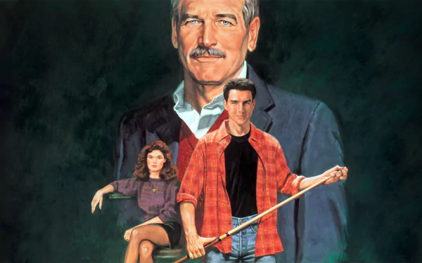 HD PC desktop wallpaper: poster-style image for the movie The Color of Money, with an older man looming behind a younger man holding a pool cue and a seated woman.