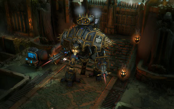 HD PC desktop wallpaper featuring a heavily armored mech from the video game Warhammer 40,000: Dawn of War III standing in a dimly lit industrial environment.