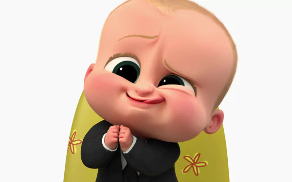 HD desktop wallpaper of Boss Baby character Theodore Templeton from the movie The Boss Baby, smiling with hands clasped and seated against a yellow background with star patterns.