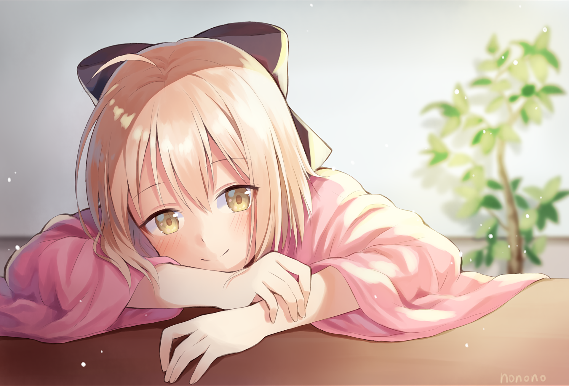 HD wallpaper featuring Okita Souji, also known as Sakura Saber from Fate/Grand Order, depicted in a relaxed pose with soft colors and a plant in the background.