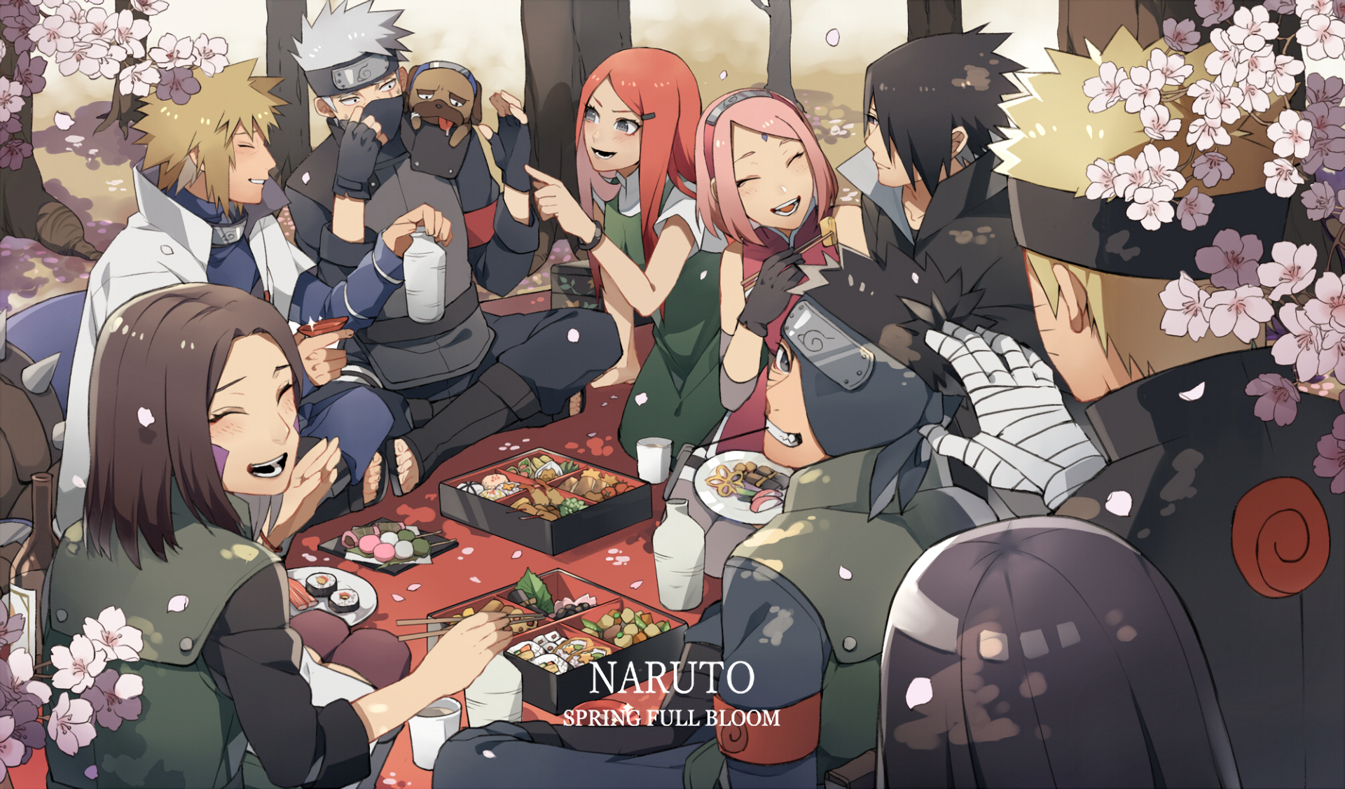 Anime characters Kakashi Hatake, Obito Uchiha, Minato Namikaze, Sakura Haruno, Sasuke Uchiha, Naruto Uzumaki, and Hinata Hyuga enjoy a picnic under cherry blossoms. Text reads Naruto Spring Full Bloom.