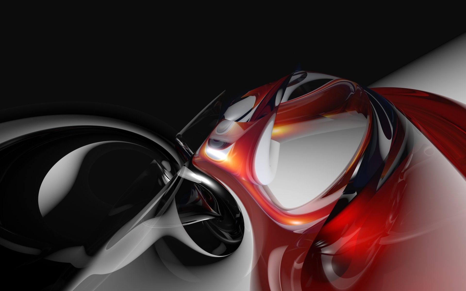 An abstract CGI design featuring swirling shapes in vibrant orange and deep black, creating a dynamic and striking HD desktop wallpaper or background.