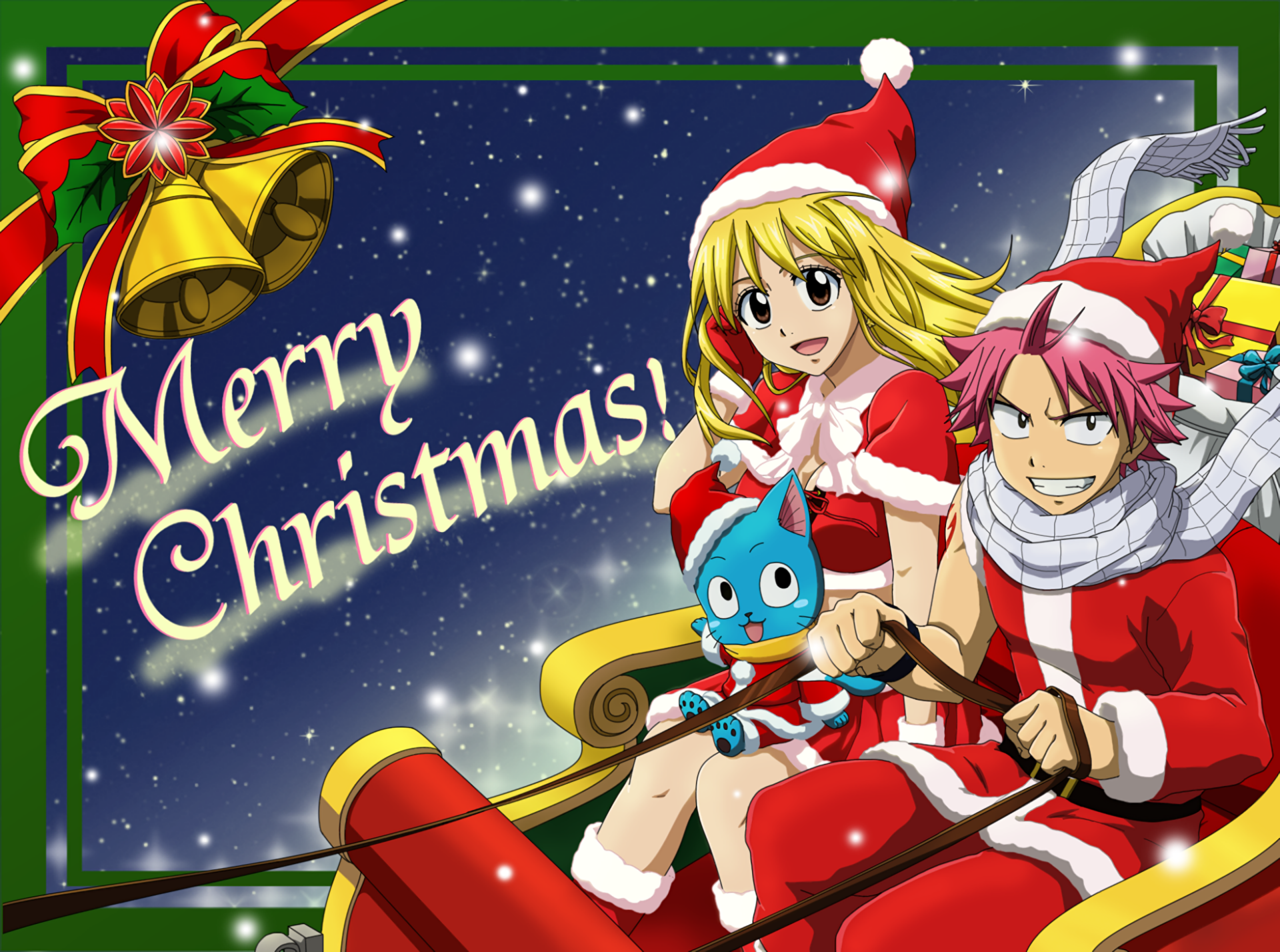 Anime-style Fairy Tail characters dressed in festive Christmas outfits with holiday decorations, set against a starry night background in a vibrant HD desktop wallpaper.