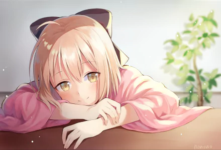 HD wallpaper featuring Okita Souji, also known as Sakura Saber from Fate/Grand Order, depicted in a relaxed pose with soft colors and a plant in the background.