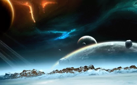 A stunning HD desktop wallpaper featuring a sci-fi space scene with multiple planets, a glowing galaxy, and stars set against a backdrop of a mysterious planet rise and snowy mountain peaks.