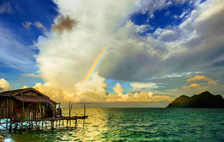  Rainbow over Tropical Beach Bungalow