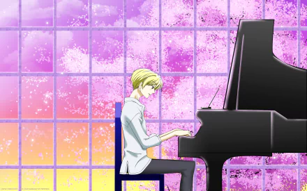 2K Quad HD PC desktop wallpaper: anime Ouran High School Host Club scene — a blond host at a grand piano against a pink-purple tiled backdrop.