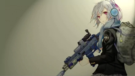 Anime character with white short hair wearing headphones, holding a rifle, dressed in a military-style outfit. Ideal HD desktop wallpaper and background.