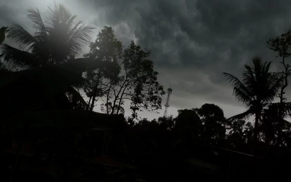 A dramatic black and white photograph capturing a moody sky filled with dark clouds, silhouetted trees, creating a striking HD desktop wallpaper and background.