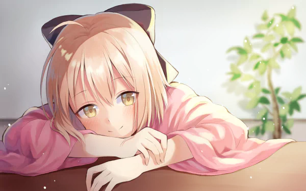 HD wallpaper featuring Okita Souji, also known as Sakura Saber from Fate/Grand Order, depicted in a relaxed pose with soft colors and a plant in the background.