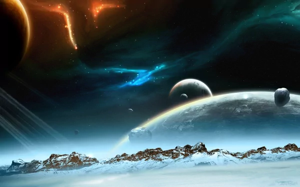 A stunning HD desktop wallpaper featuring a sci-fi space scene with multiple planets, a glowing galaxy, and stars set against a backdrop of a mysterious planet rise and snowy mountain peaks.
