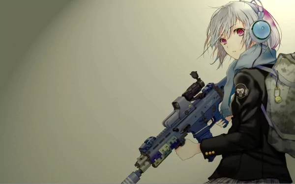 Anime character with white short hair wearing headphones, holding a rifle, dressed in a military-style outfit. Ideal HD desktop wallpaper and background.