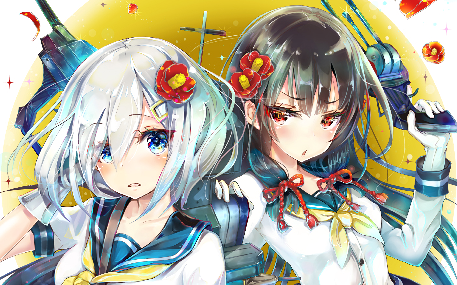 HD PC desktop wallpaper featuring Hamakaze from Kantai Collection, showcasing two anime characters with vibrant colors and detailed ship-themed outfits.
