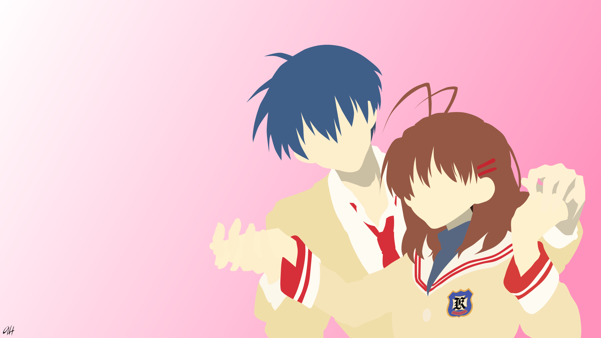 Minimalist HD desktop wallpaper featuring Tomoya Okazaki and Nagisa Furukawa from the anime Clannad, set against a soft pink background.