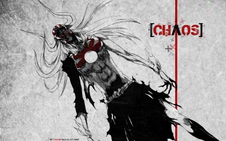 HD desktop wallpaper featuring Ichigo Kurosaki in his demon form from the anime Bleach, with a monochromatic background and the word CHAOS in bold red letters.