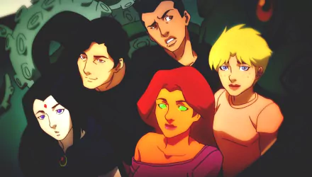 HD desktop wallpaper featuring characters from Teen Titans: The Judas Contract including Raven, Nightwing, Terra, Starfire, and Beast Boy.