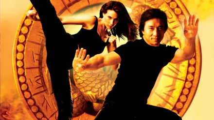 HD wallpaper featuring Claire Forlani and Jackie Chan in dynamic poses from the movie The Medallion, set against a background of a large, ornate medallion.