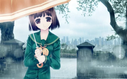 HD anime desktop wallpaper of a cute anime girl holding a transparent umbrella in the rain, with a cityscape and trees blurred in the background.