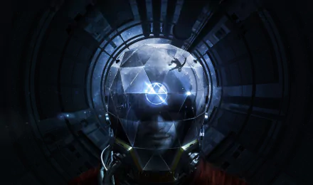 HD PC desktop wallpaper from the video game Prey, featuring a futuristic helmeted figure with a geometric, reflective visor and dark sci-fi background.