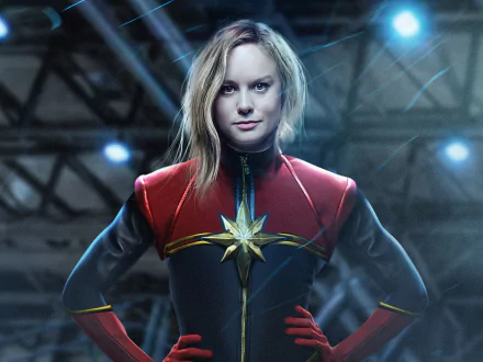 HD desktop wallpaper of Brie Larson in her Captain Marvel costume from the movie.