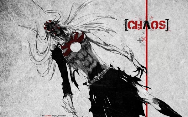 HD desktop wallpaper featuring Ichigo Kurosaki in his demon form from the anime Bleach, with a monochromatic background and the word CHAOS in bold red letters.