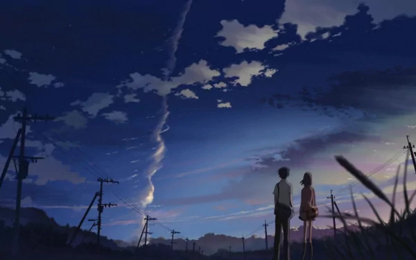 A serene HD wallpaper featuring Takaki Touno and Akari Shinohara from the anime 5 Centimeters per Second, set against a beautiful twilight sky with clouds and power lines.