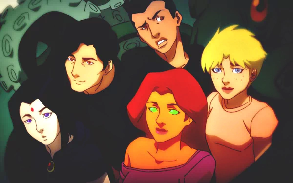 HD desktop wallpaper featuring characters from Teen Titans: The Judas Contract including Raven, Nightwing, Terra, Starfire, and Beast Boy.