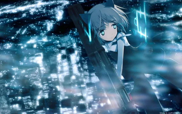 A stunning HD desktop wallpaper featuring a character from Strike Witches, poised against a backdrop of a vibrant, illuminated cityscape with dynamic lighting effects.