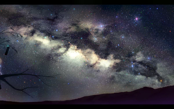 HD PC desktop wallpaper featuring Rumia from Touhou against a starry night sky with the Milky Way, blending anime style with cosmic scenery.