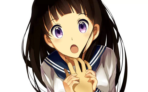Eru Chitanda from the anime Hyouka is depicted in this vibrant HD desktop wallpaper, showcasing her expressive eyes and curious demeanor.